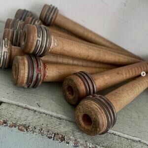 RANDOM CHOICE PAIR Vintage Wood Bobbin Spool Metal Bands Sewing